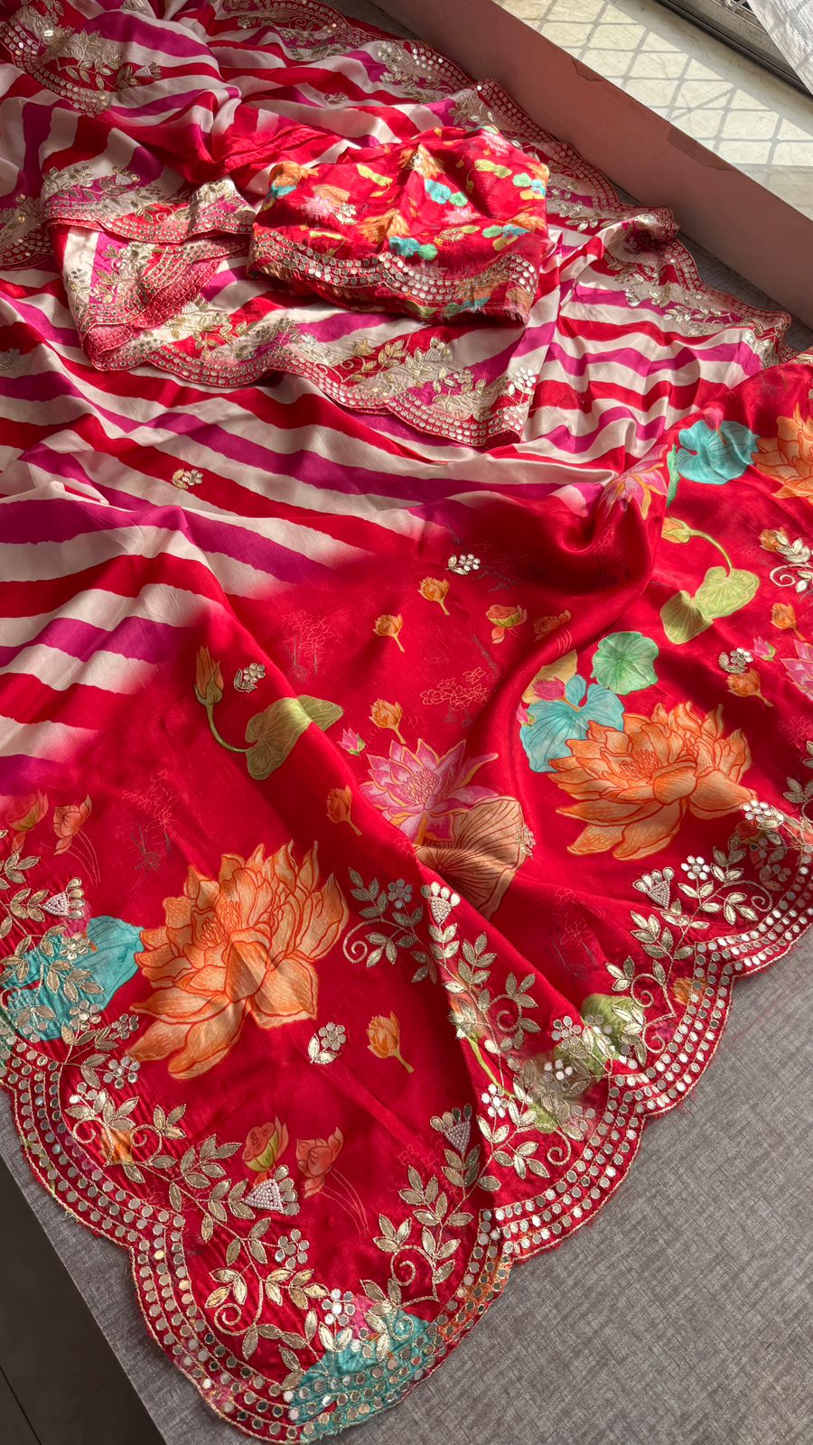 Pure Munga Silk Hand-Painted Leheriya Saree with Floral Print & Heavy Gotapatti Border