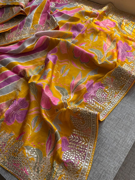 Pure Munga Silk Leheriya Saree with Handcrafted Gotapatti & Sequin Work
