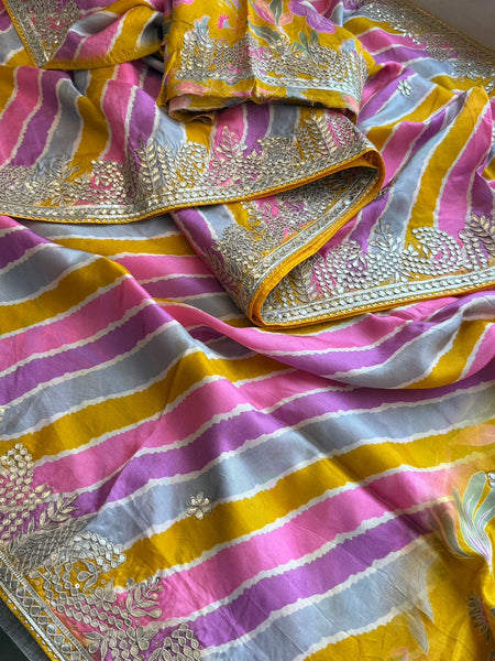 Pure Munga Silk Leheriya Saree with Handcrafted Gotapatti & Sequin Work