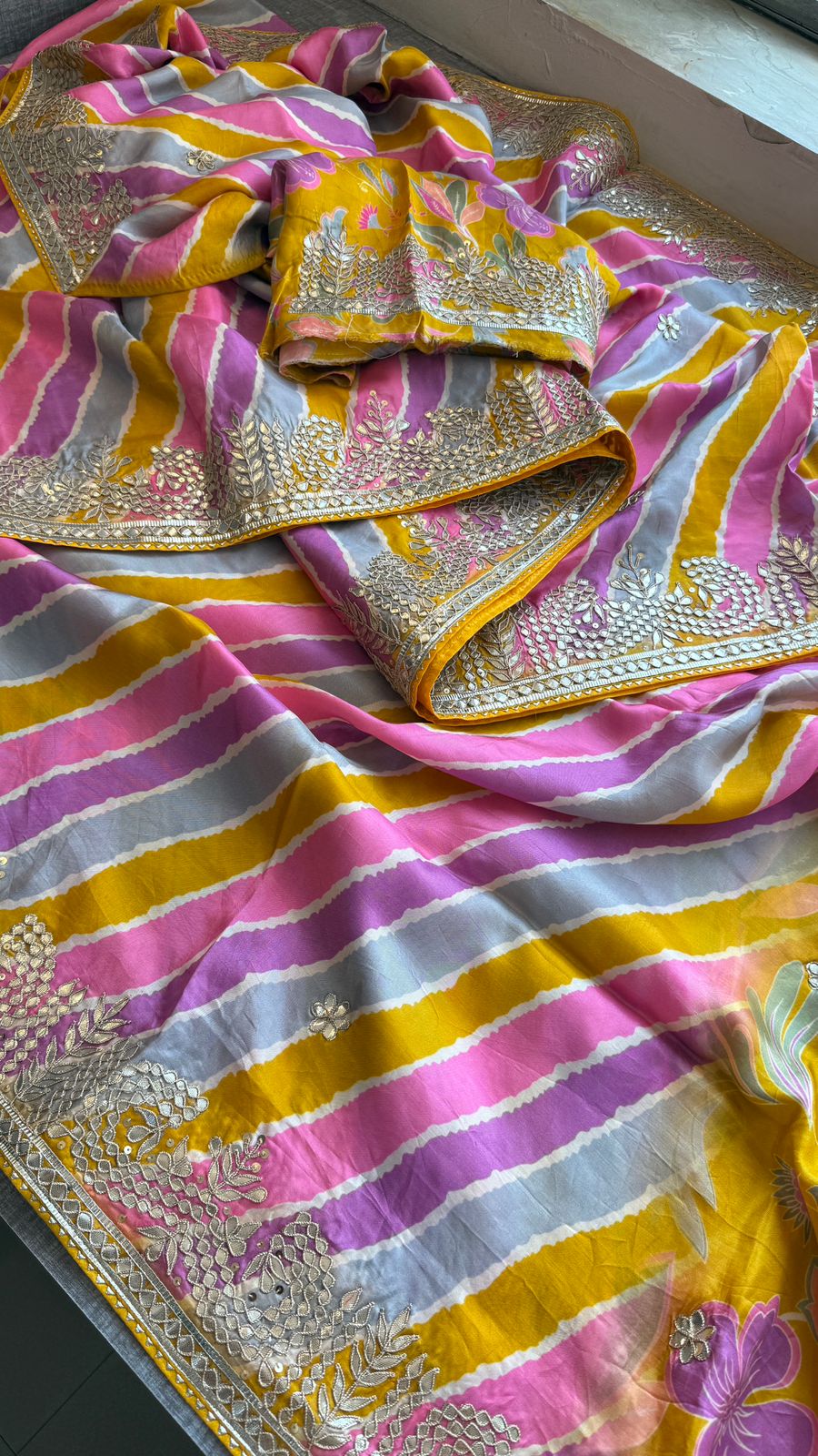 Pure Munga Silk Leheriya Saree with Handcrafted Gotapatti & Sequin Work