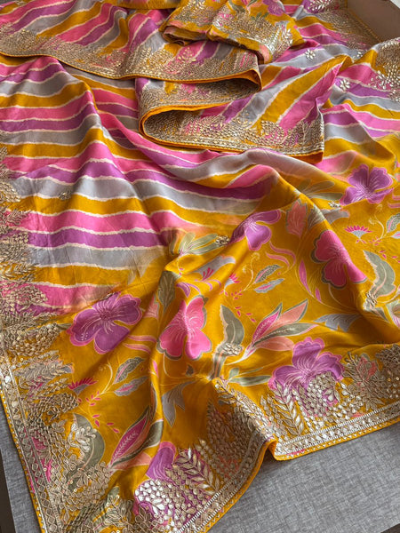 Pure Munga Silk Leheriya Saree with Handcrafted Gotapatti & Sequin Work