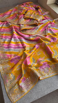 Pure Munga Silk Leheriya Saree with Handcrafted Gotapatti & Sequin Work