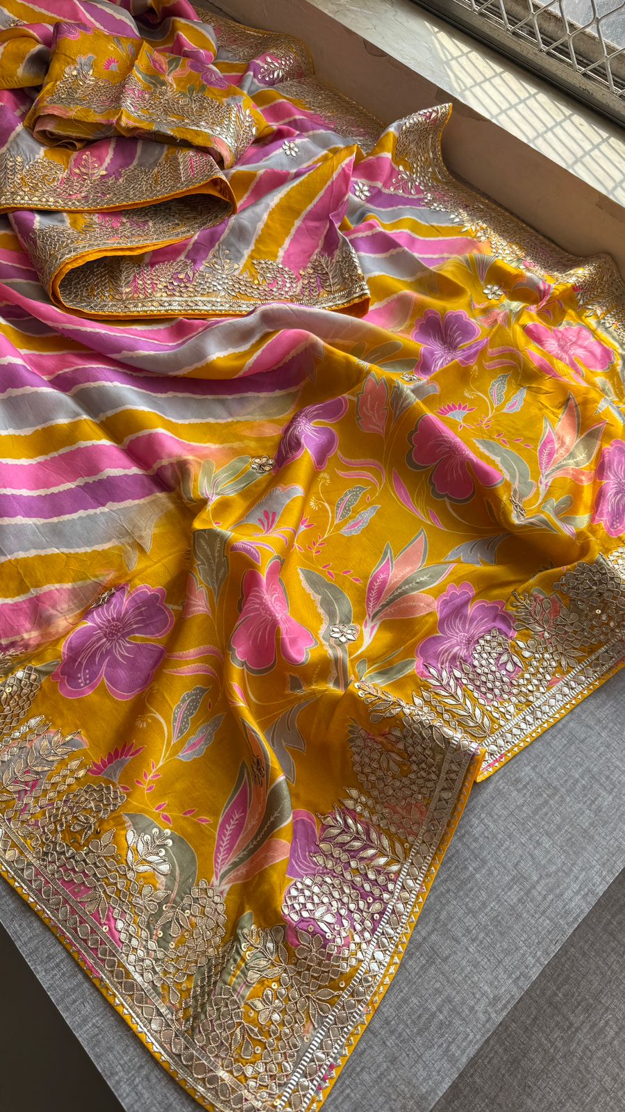 Pure Munga Silk Leheriya Saree with Handcrafted Gotapatti & Sequin Work