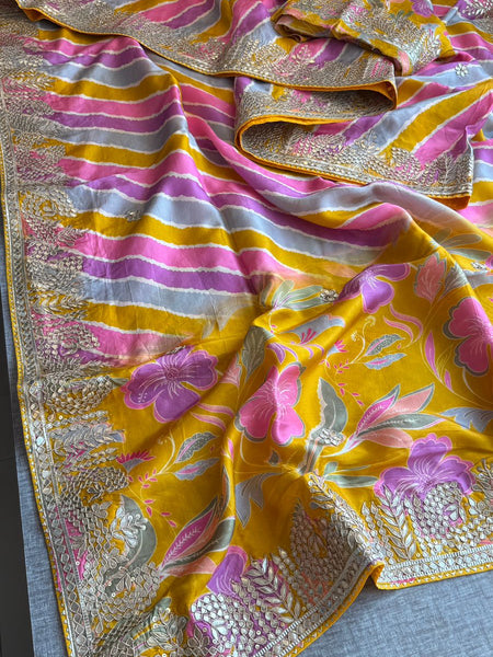 Pure Munga Silk Leheriya Saree with Handcrafted Gotapatti & Sequin Work