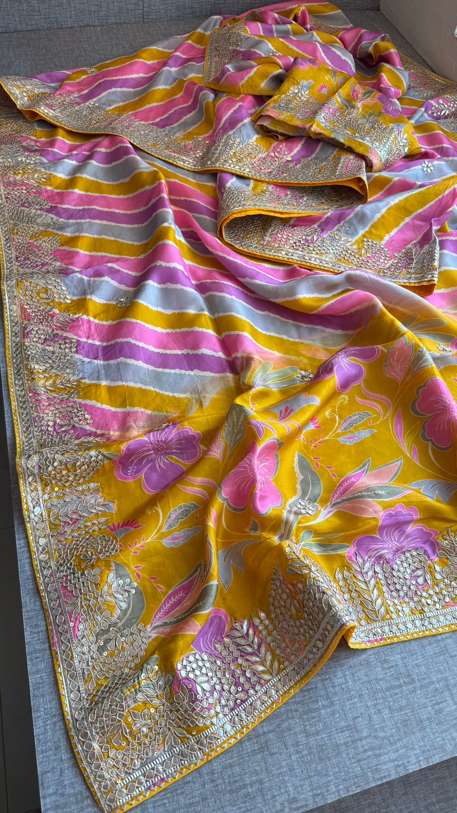 Pure Munga Silk Leheriya Saree with Handcrafted Gotapatti & Sequin Work