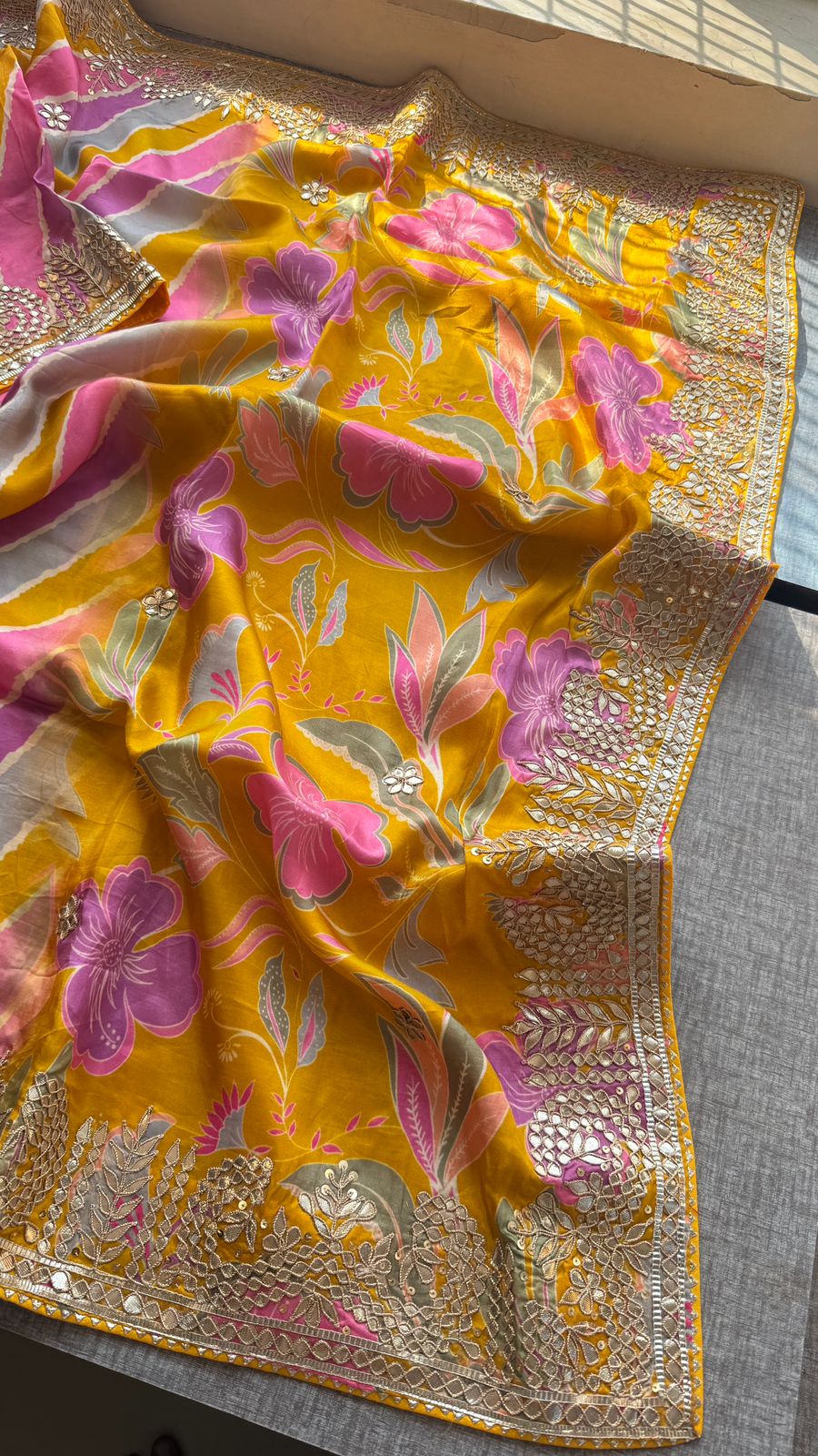 Pure Munga Silk Leheriya Saree with Handcrafted Gotapatti & Sequin Work