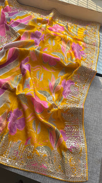 Pure Munga Silk Leheriya Saree with Handcrafted Gotapatti & Sequin Work