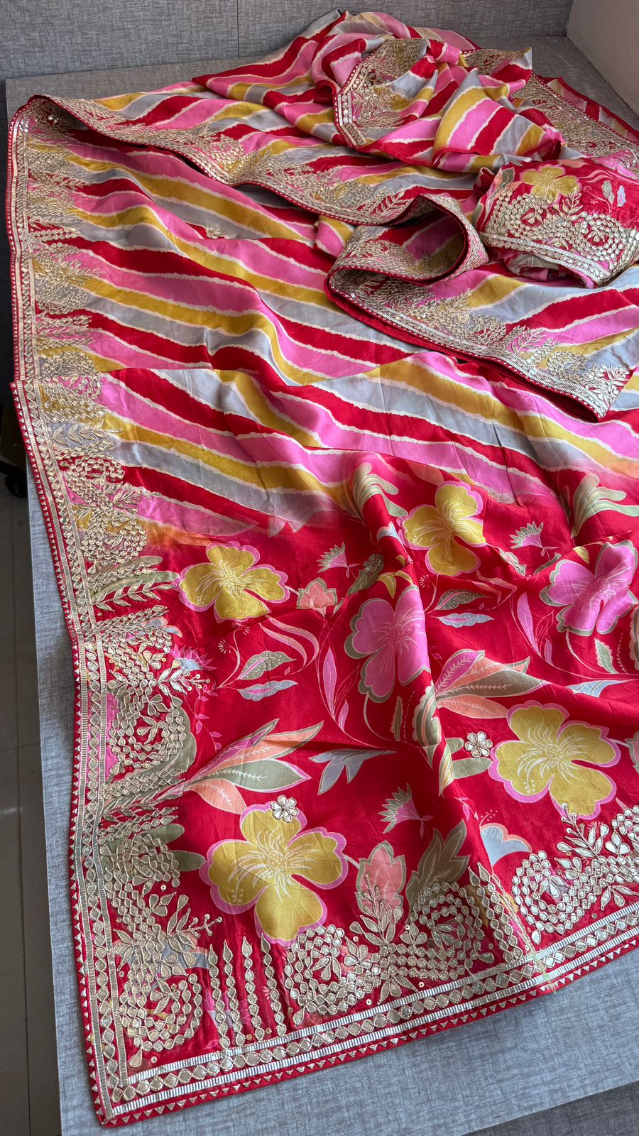 Pure Munga Silk Leheriya Saree with Handcrafted Gotapatti & Sequin Work