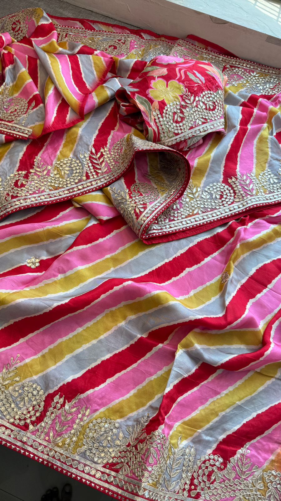 Pure Munga Silk Leheriya Saree with Handcrafted Gotapatti & Sequin Work