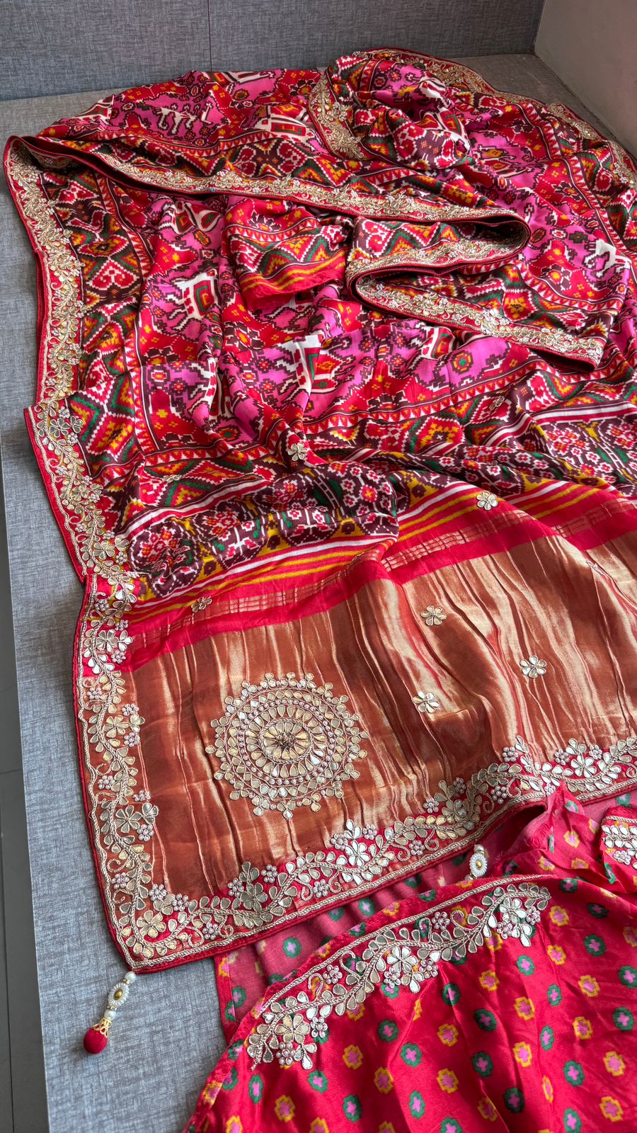 Pure Soft Gajji Silk Lagdi Patta Digital Print Saree with Gotapatti, Zardozi, Sequins & Pearl Work