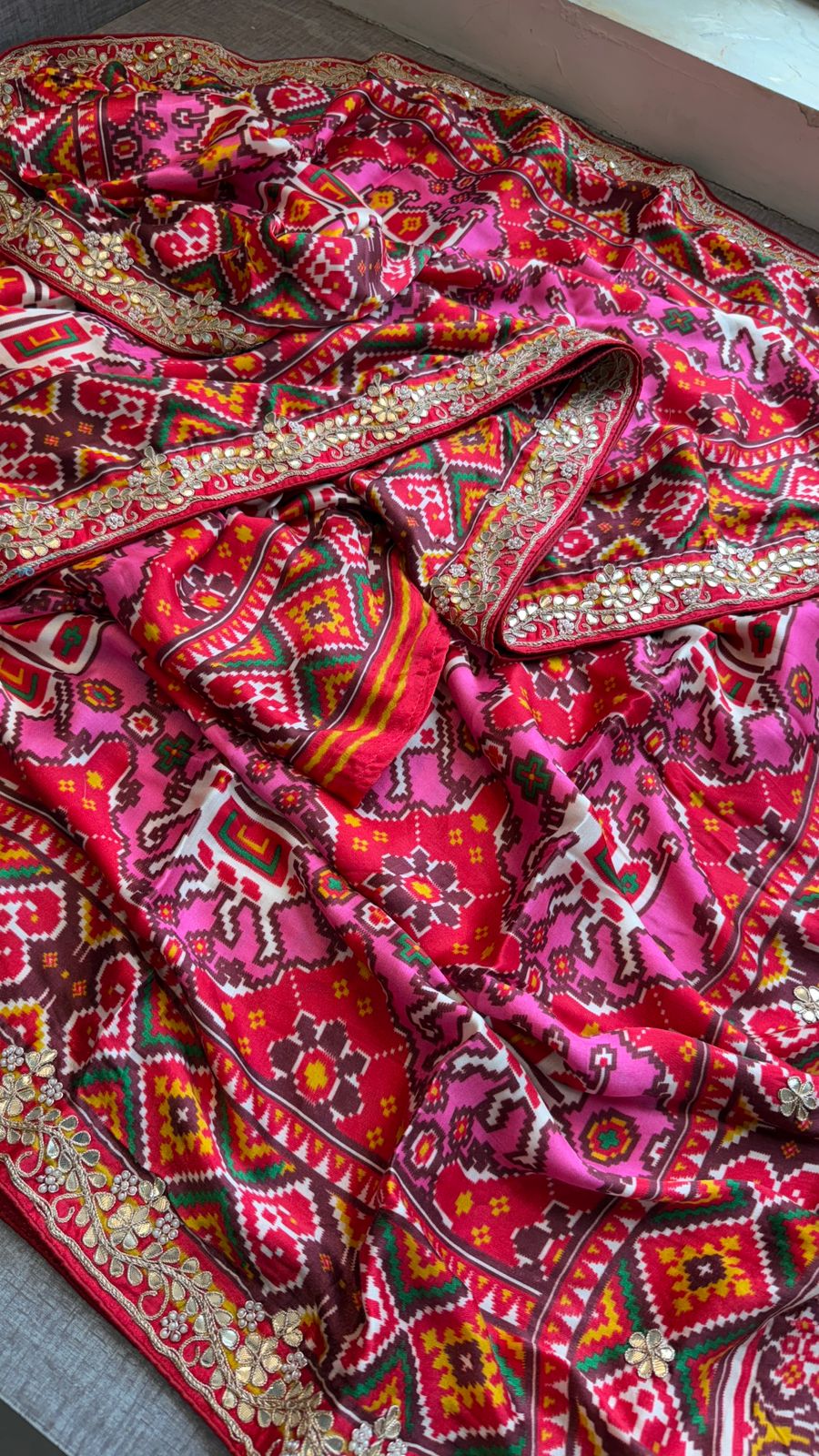 Pure Soft Gajji Silk Lagdi Patta Digital Print Saree with Gotapatti, Zardozi, Sequins & Pearl Work