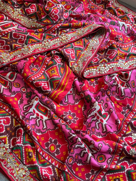 Pure Soft Gajji Silk Lagdi Patta Digital Print Saree with Gotapatti, Zardozi, Sequins & Pearl Work