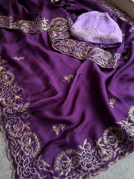 Pure Soft Munga Silk Saree with Kasab, Kutdana, Sequins & Resham Hand Embroidery