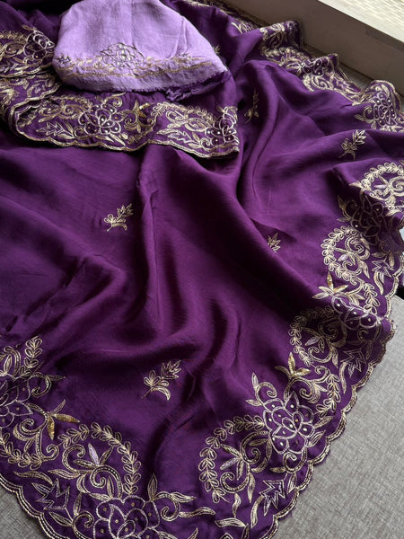 Pure Soft Munga Silk Saree with Kasab, Kutdana, Sequins & Resham Hand Embroidery