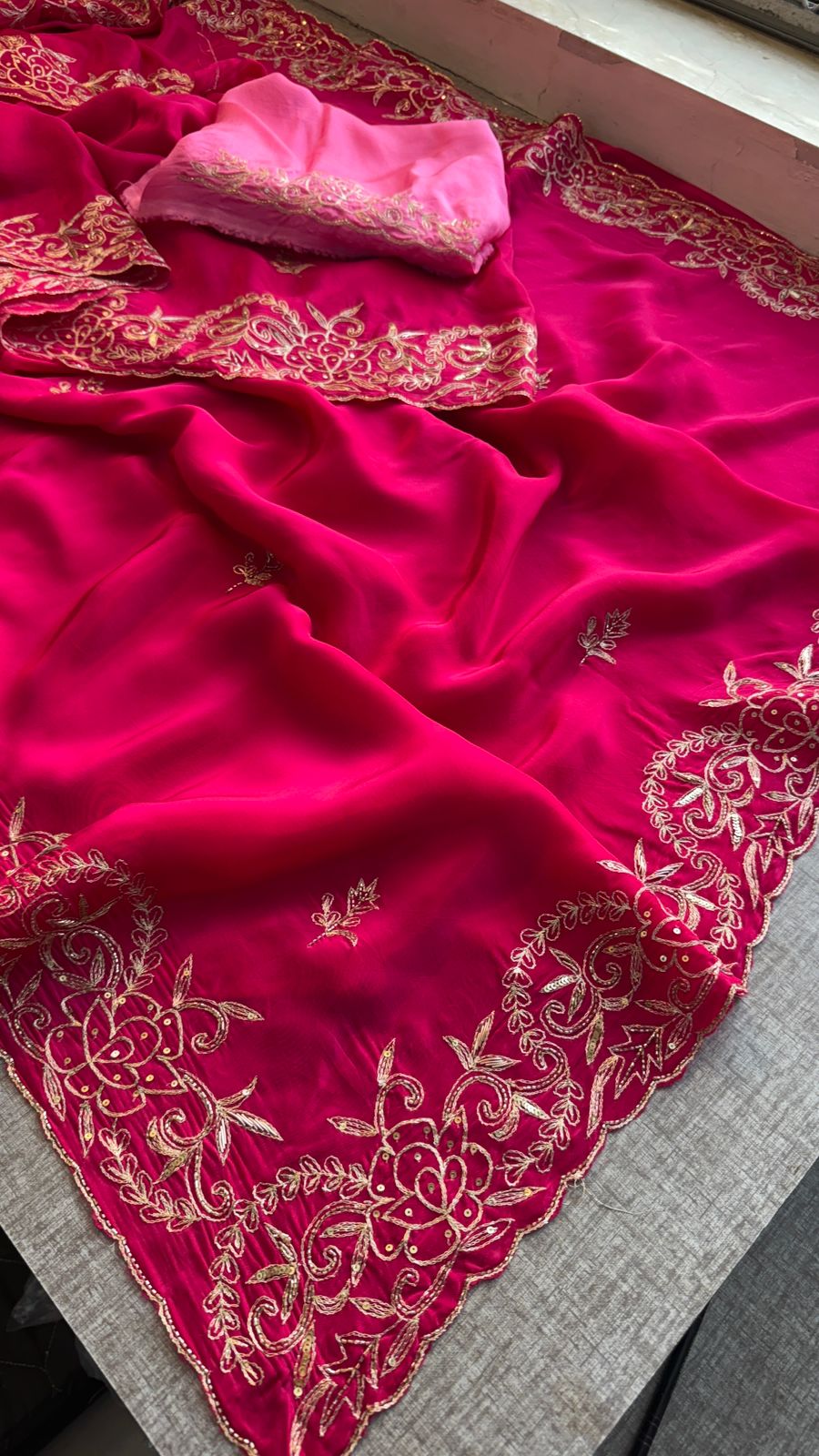 Pure Soft Munga Silk Saree with Kasab, Kutdana, Sequins & Resham Hand Embroidery