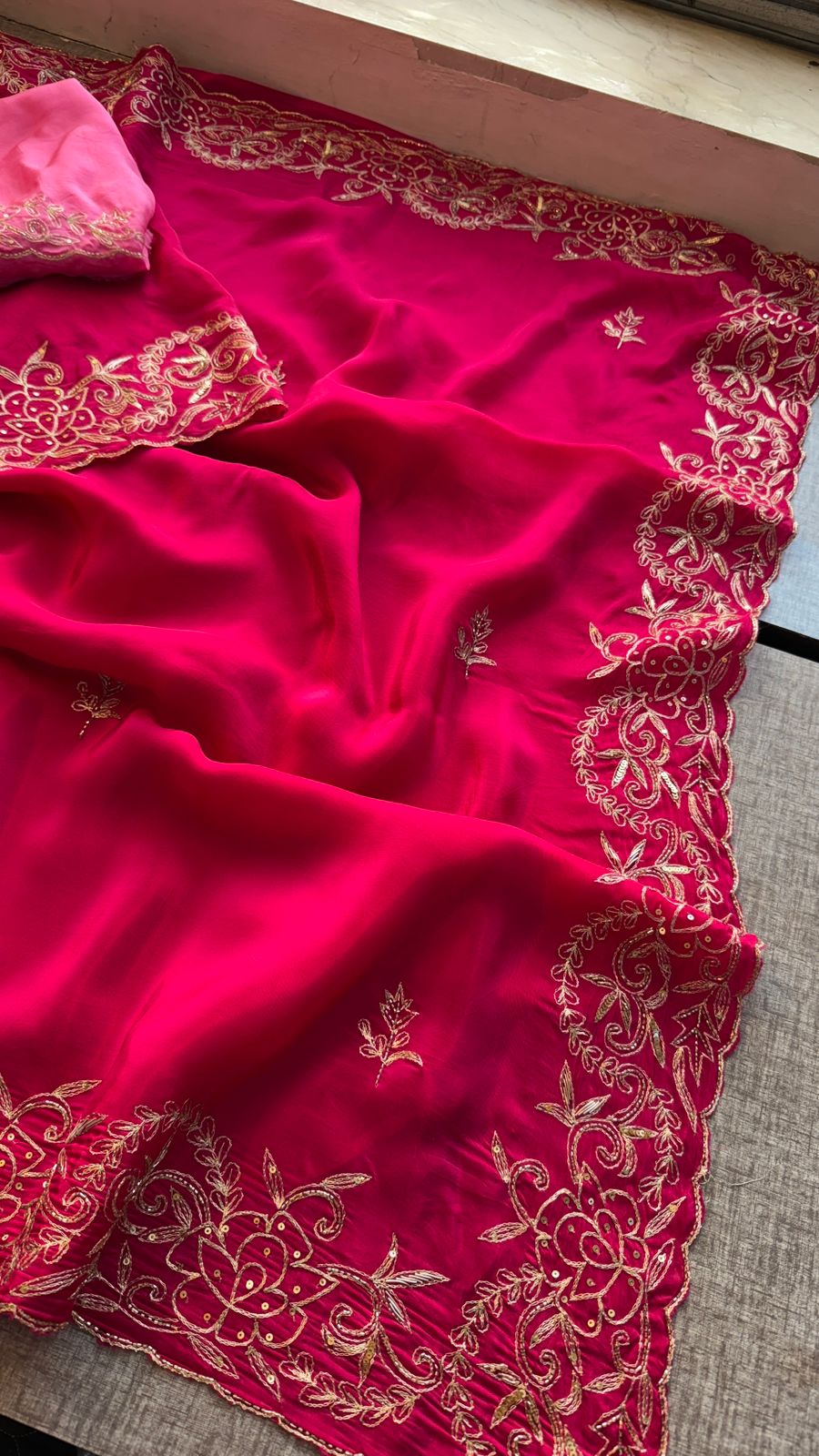 Pure Soft Munga Silk Saree with Kasab, Kutdana, Sequins & Resham Hand Embroidery