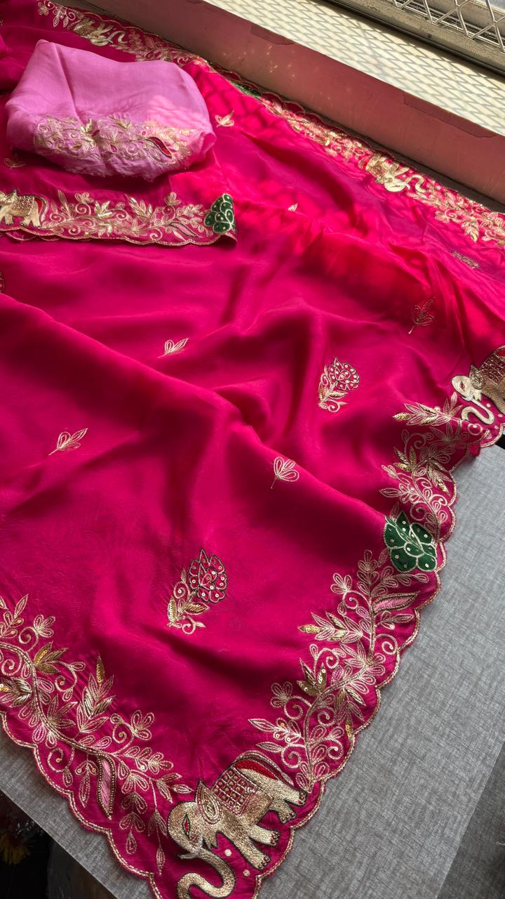 Pure Soft Munga Silk Saree with Kasab, Cutdana, Resham & Sequin Handwork Border