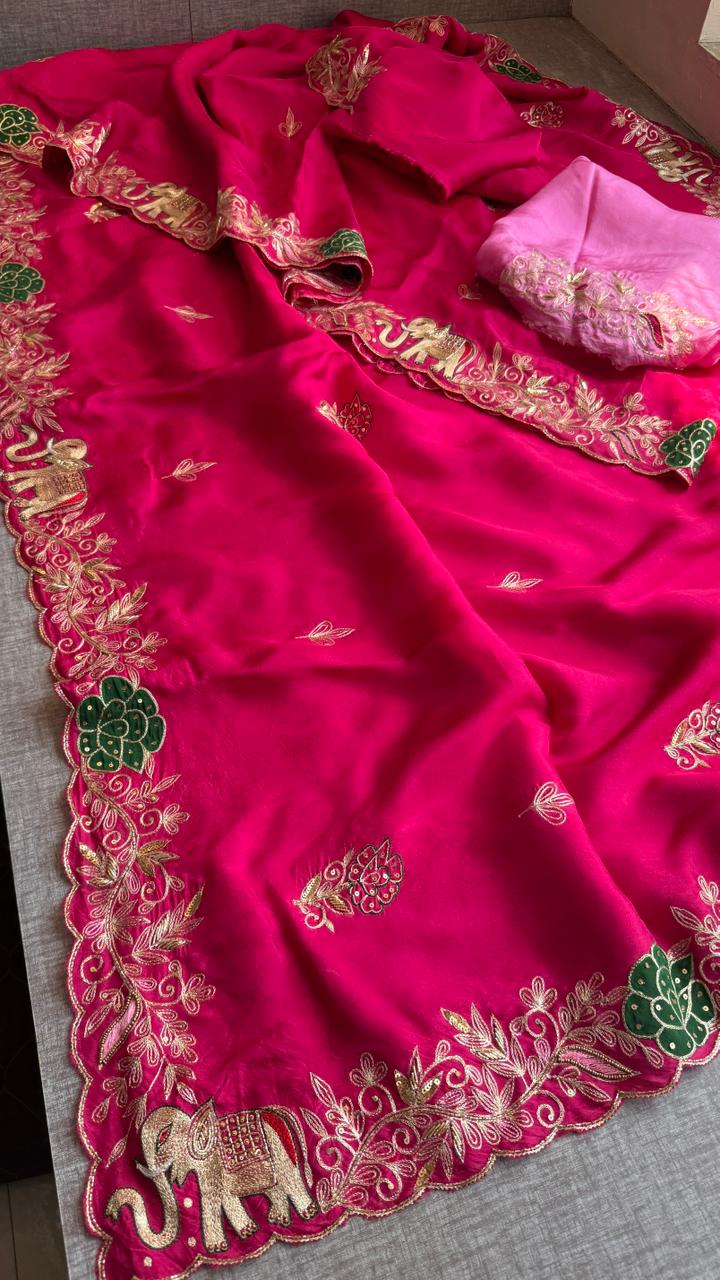 Pure Soft Munga Silk Saree with Kasab, Cutdana, Resham & Sequin Handwork Border