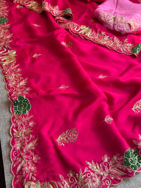 Pure Soft Munga Silk Saree with Kasab, Cutdana, Resham & Sequin Handwork Border