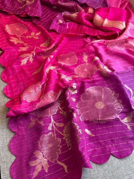 Soft Pure Munga Silk Banarasi Saree with Floral Zari Weaving & Scallop Border Concept