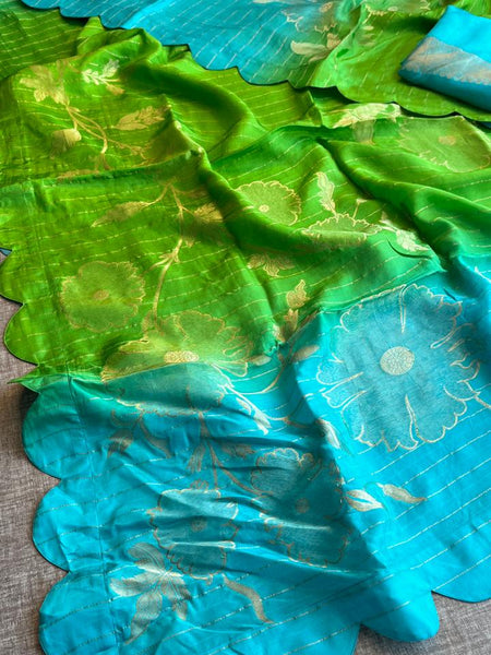 Soft Pure Munga Silk Banarasi Saree with Floral Zari Weaving & Scallop Border Concept