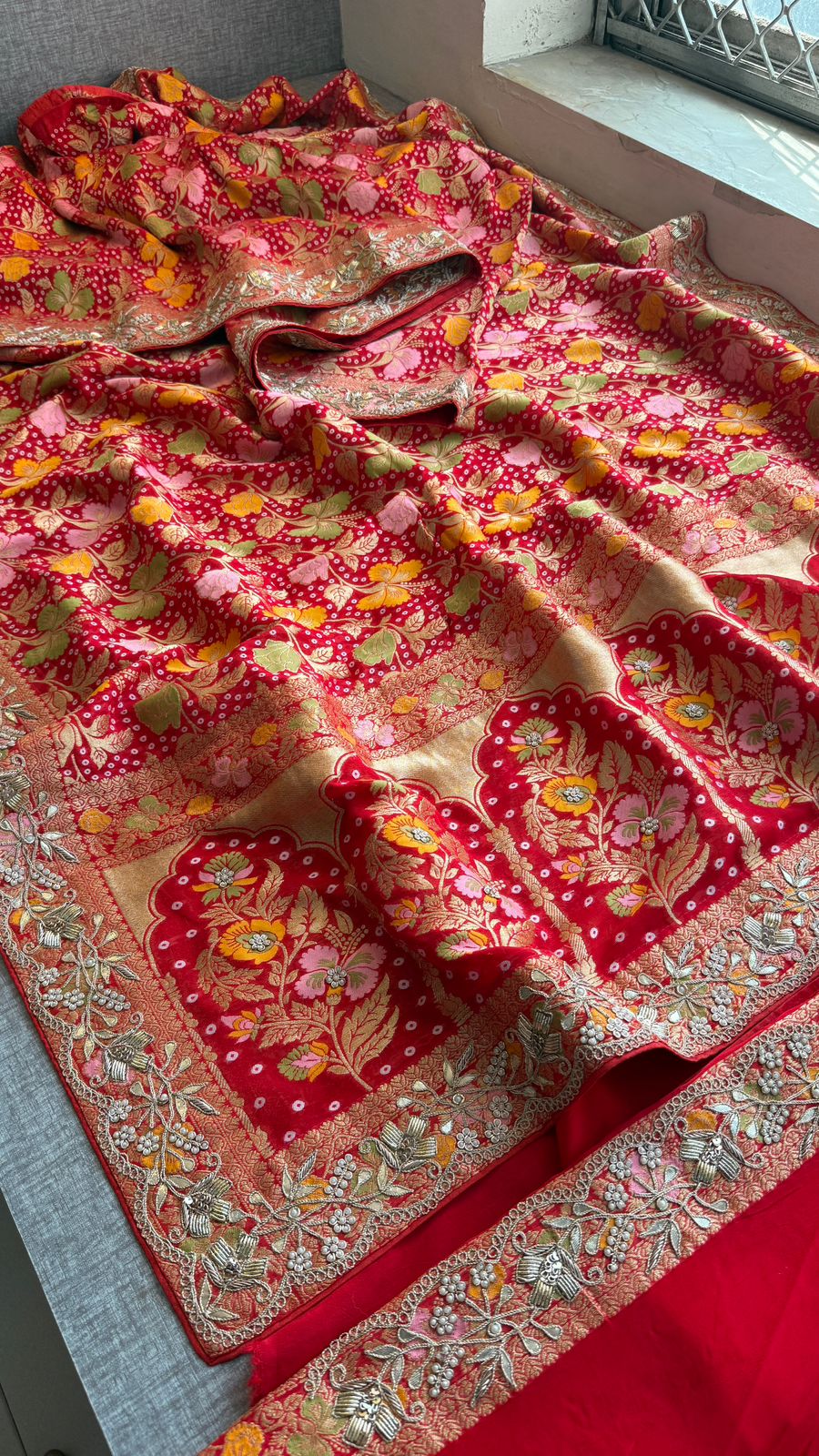 Pure Khaddi Georgette Banarasi Saree with Zardozi, Pearl & Gota Patti Embellishments