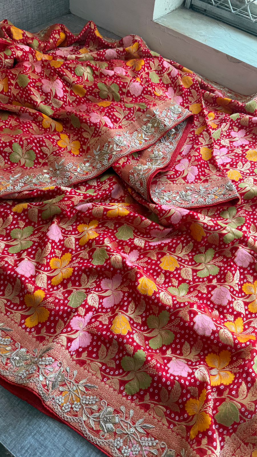 Pure Khaddi Georgette Banarasi Saree with Zardozi, Pearl & Gota Patti Embellishments