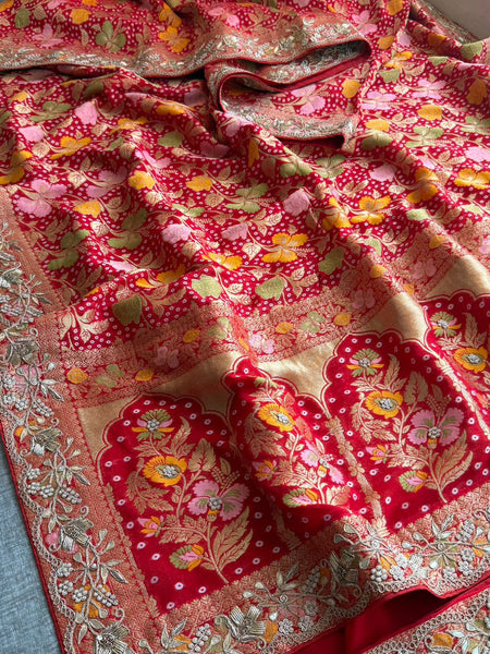 Pure Khaddi Georgette Banarasi Saree with Zardozi, Pearl & Gota Patti Embellishments