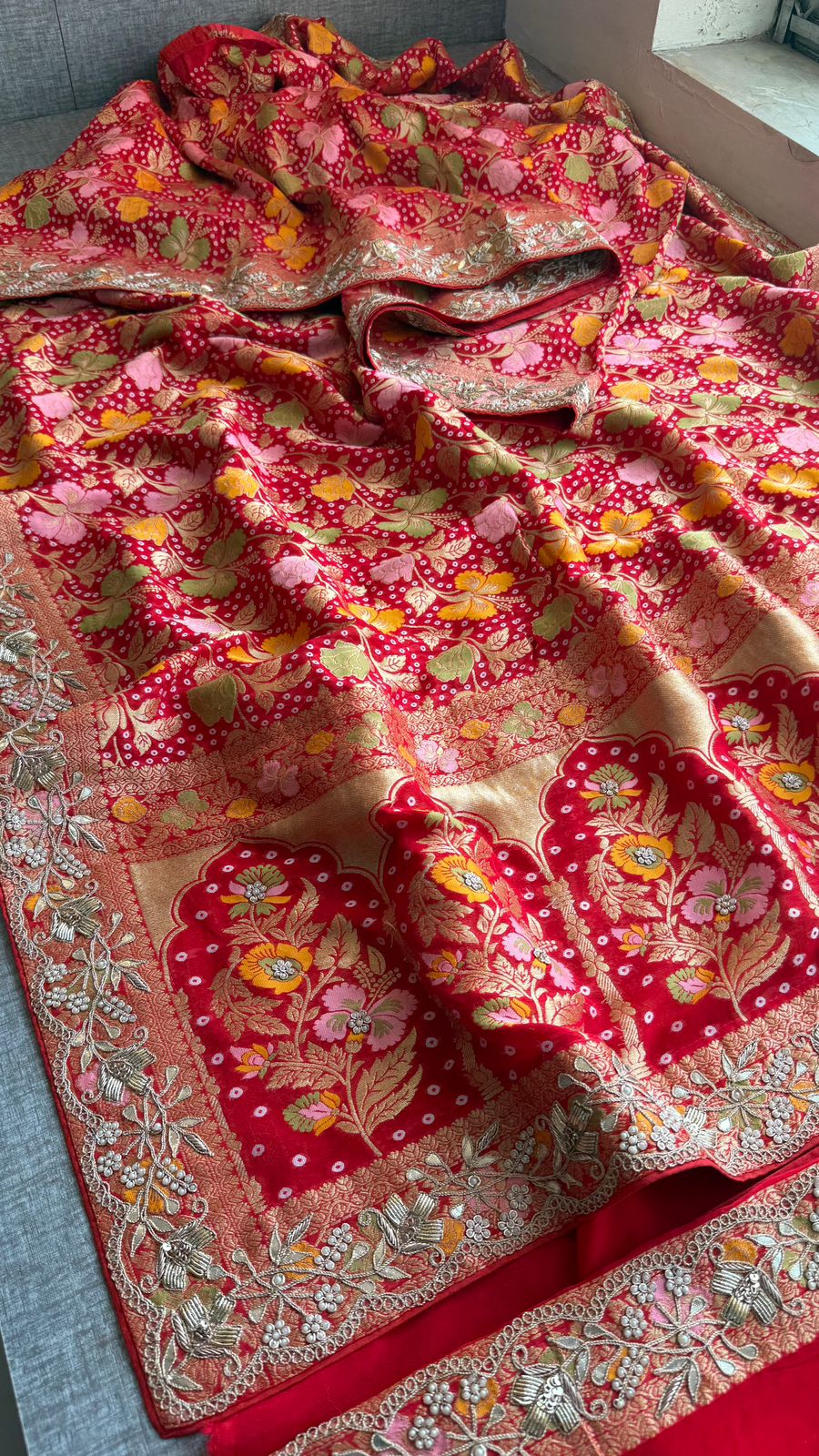 Pure Khaddi Georgette Banarasi Saree with Zardozi, Pearl & Gota Patti Embellishments