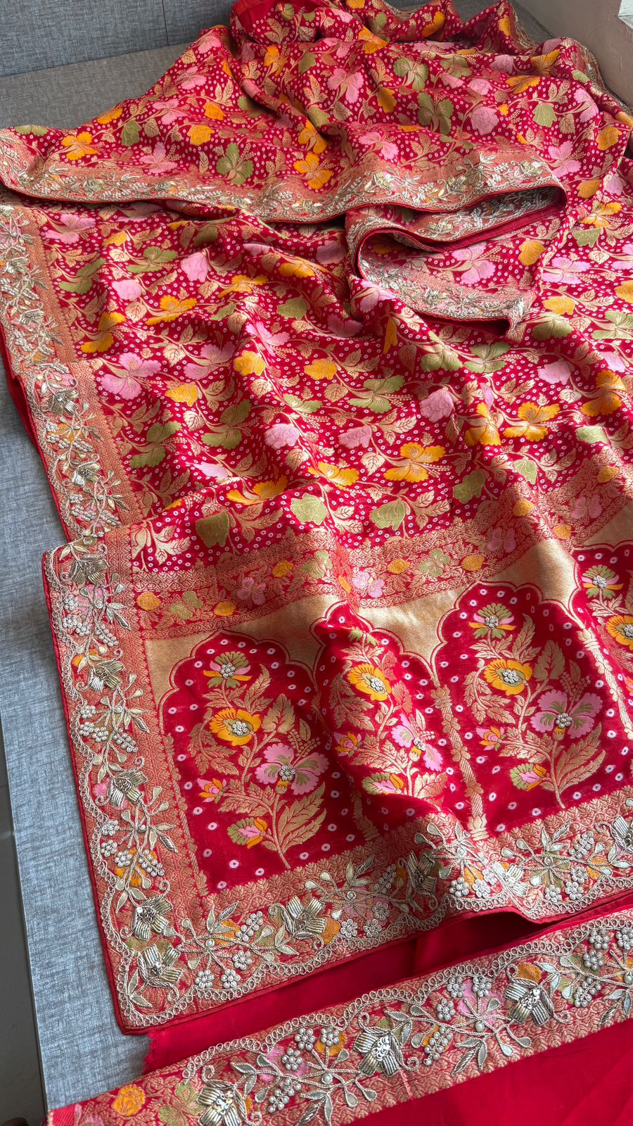 Pure Khaddi Georgette Banarasi Saree with Zardozi, Pearl & Gota Patti Embellishments