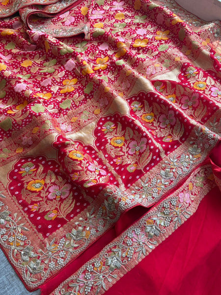 Pure Khaddi Georgette Banarasi Saree with Zardozi, Pearl & Gota Patti Embellishments