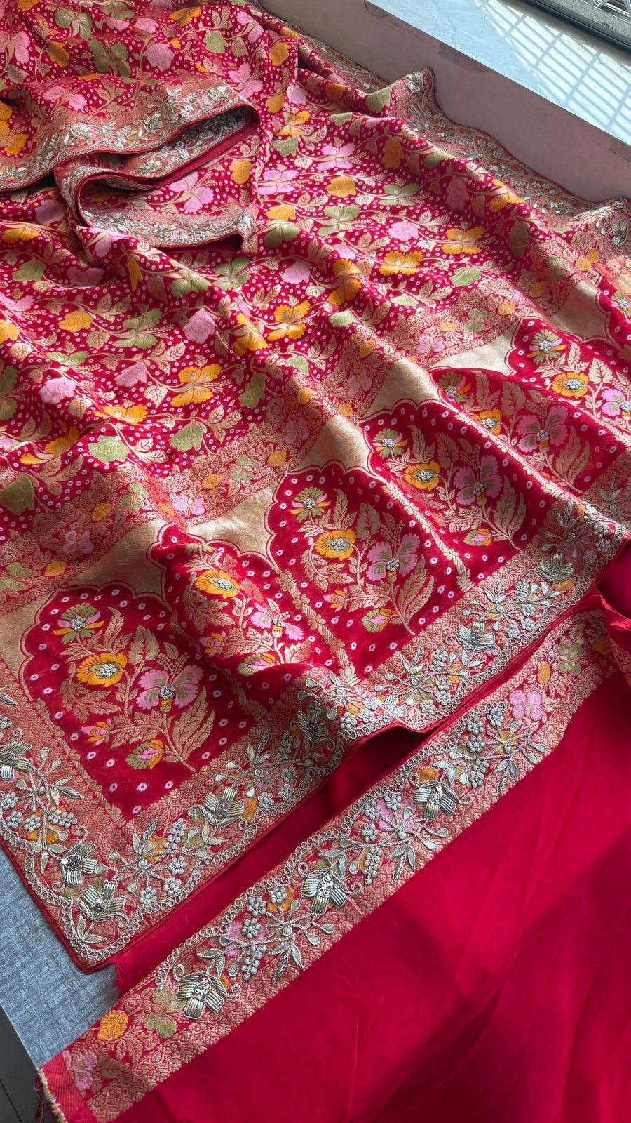 Pure Khaddi Georgette Banarasi Saree with Zardozi, Pearl & Gota Patti Embellishments