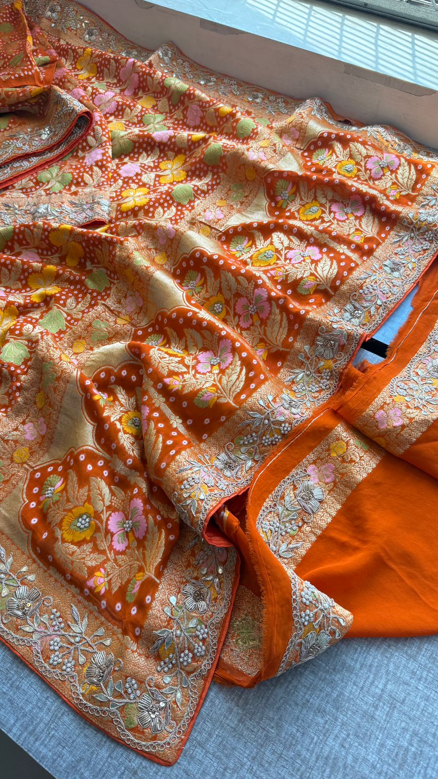 Pure Khaddi Georgette Banarasi Saree with Zardozi, Pearl & Gota Patti Embellishments