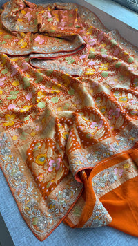 Pure Khaddi Georgette Banarasi Saree with Zardozi, Pearl & Gota Patti Embellishments