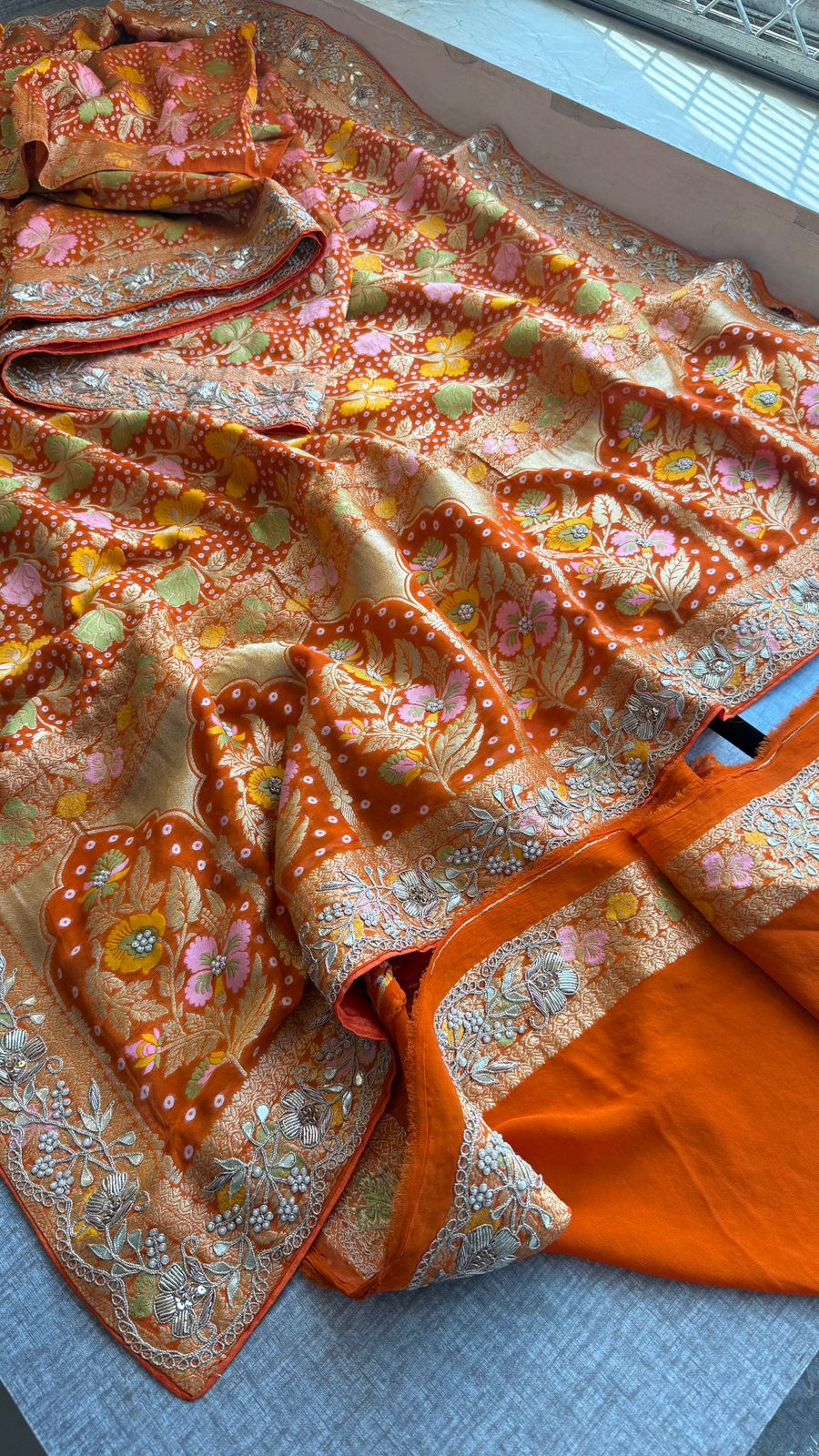 Pure Khaddi Georgette Banarasi Saree with Zardozi, Pearl & Gota Patti Embellishments