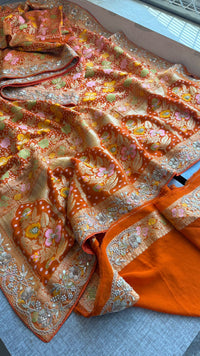 Pure Khaddi Georgette Banarasi Saree with Zardozi, Pearl & Gota Patti Embellishments