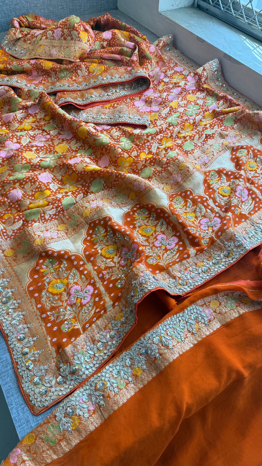 Pure Khaddi Georgette Banarasi Saree with Zardozi, Pearl & Gota Patti Embellishments