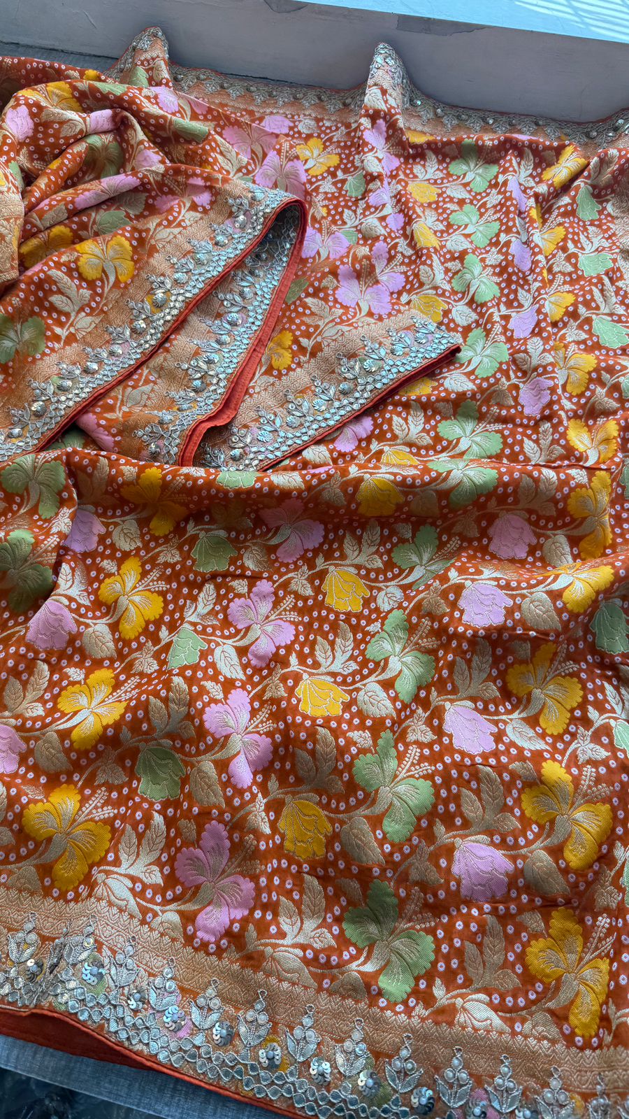 Pure Khaddi Georgette Banarasi Saree with Zardozi, Pearl & Gota Patti Embellishments