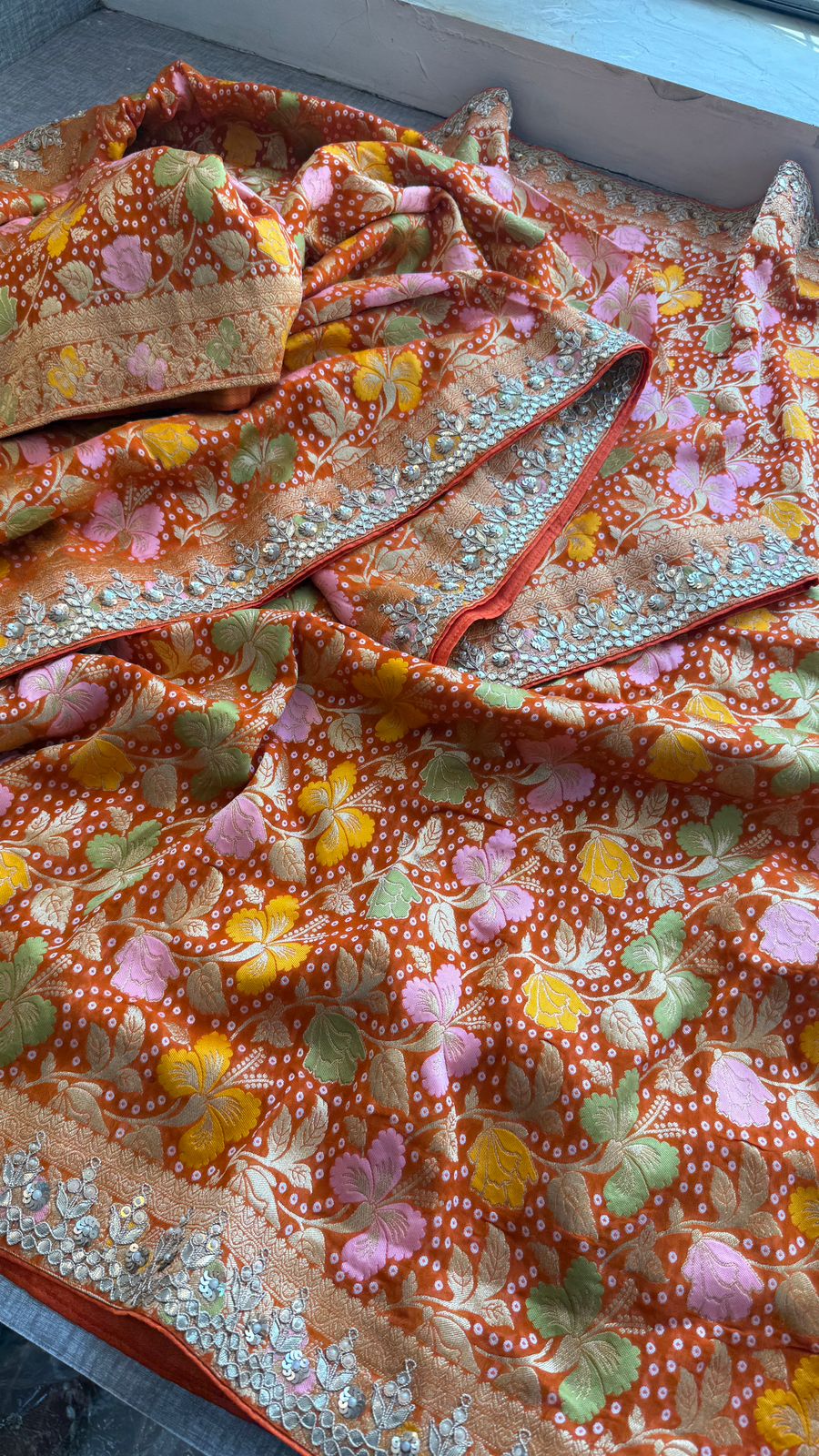 Pure Khaddi Georgette Banarasi Saree with Zardozi, Pearl & Gota Patti Embellishments