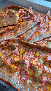 Pure Khaddi Georgette Banarasi Saree with Zardozi, Pearl & Gota Patti Embellishments