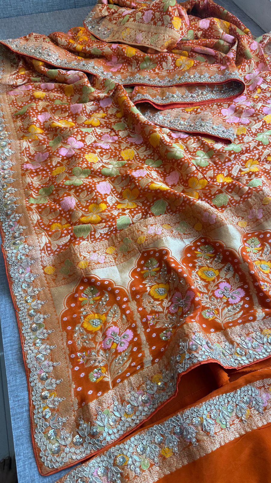 Pure Khaddi Georgette Banarasi Saree with Zardozi, Pearl & Gota Patti Embellishments