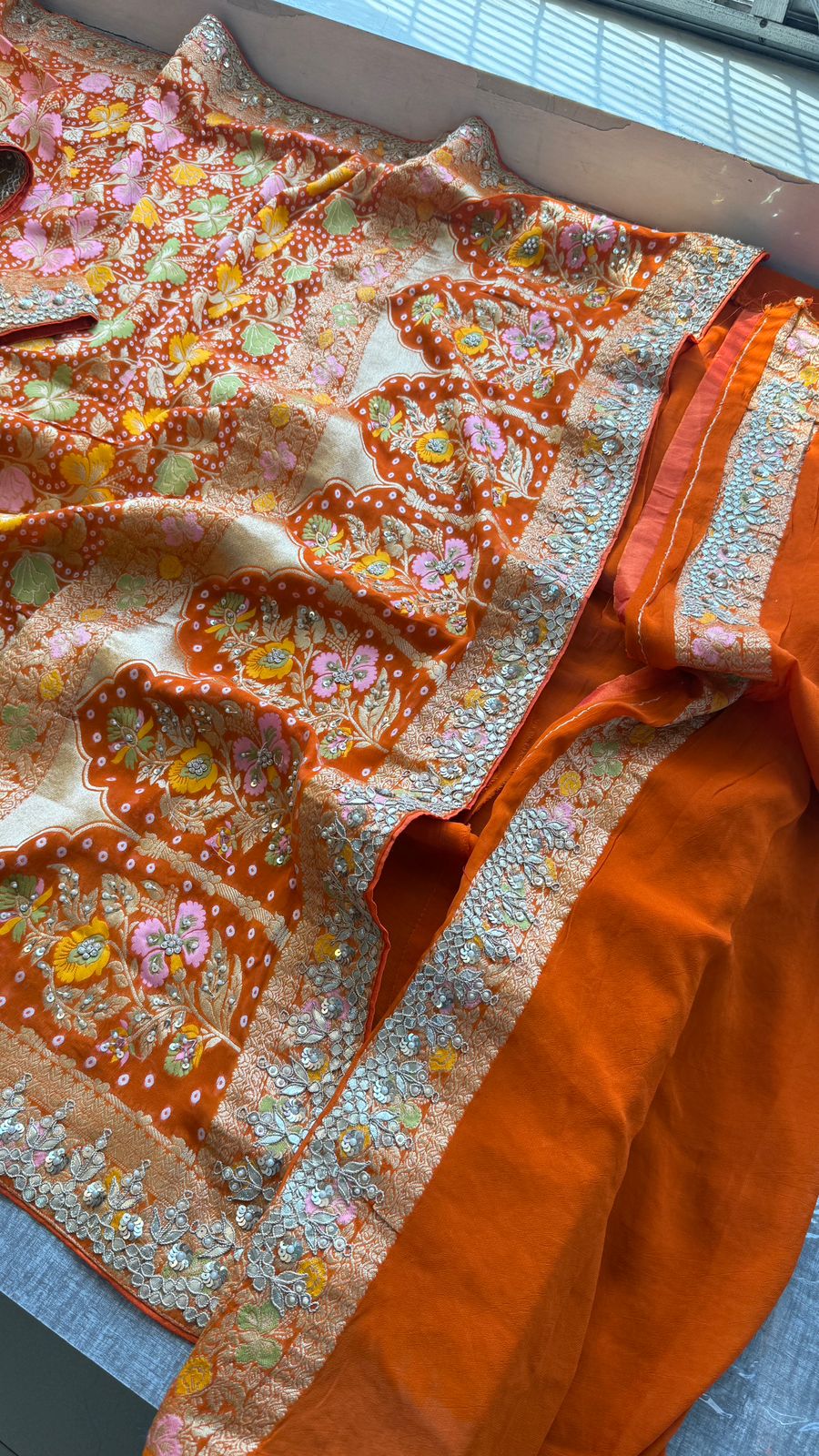 Pure Khaddi Georgette Banarasi Saree with Zardozi, Pearl & Gota Patti Embellishments