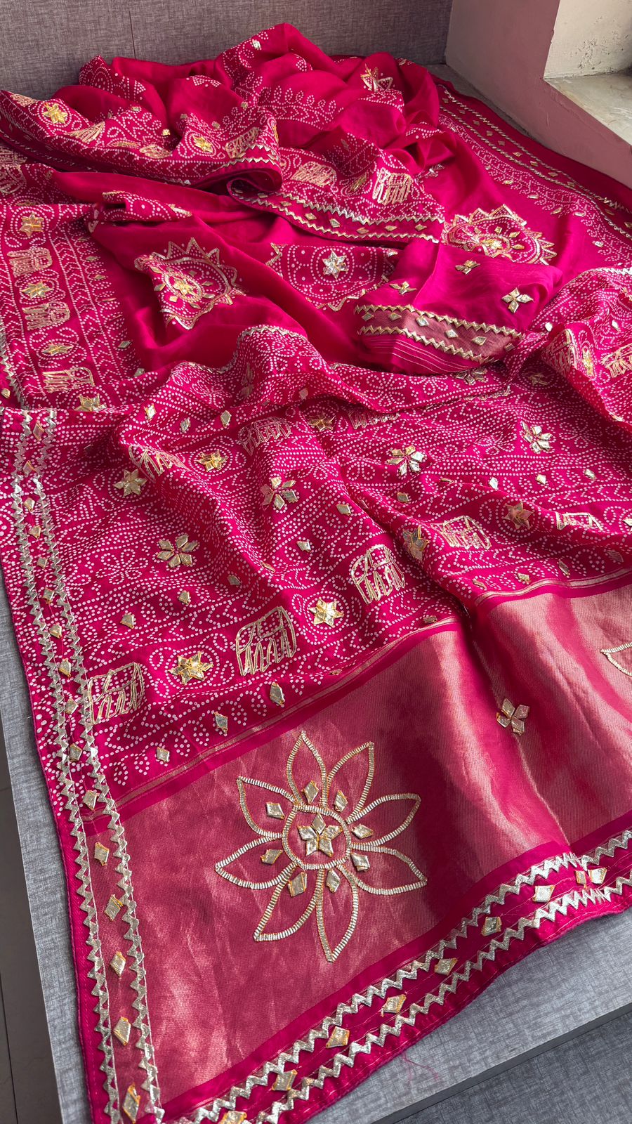 Gotta Patti Elephant Motif On Bandhej Munga Silk · 44 Artisan Hours of work · The Zari Edit