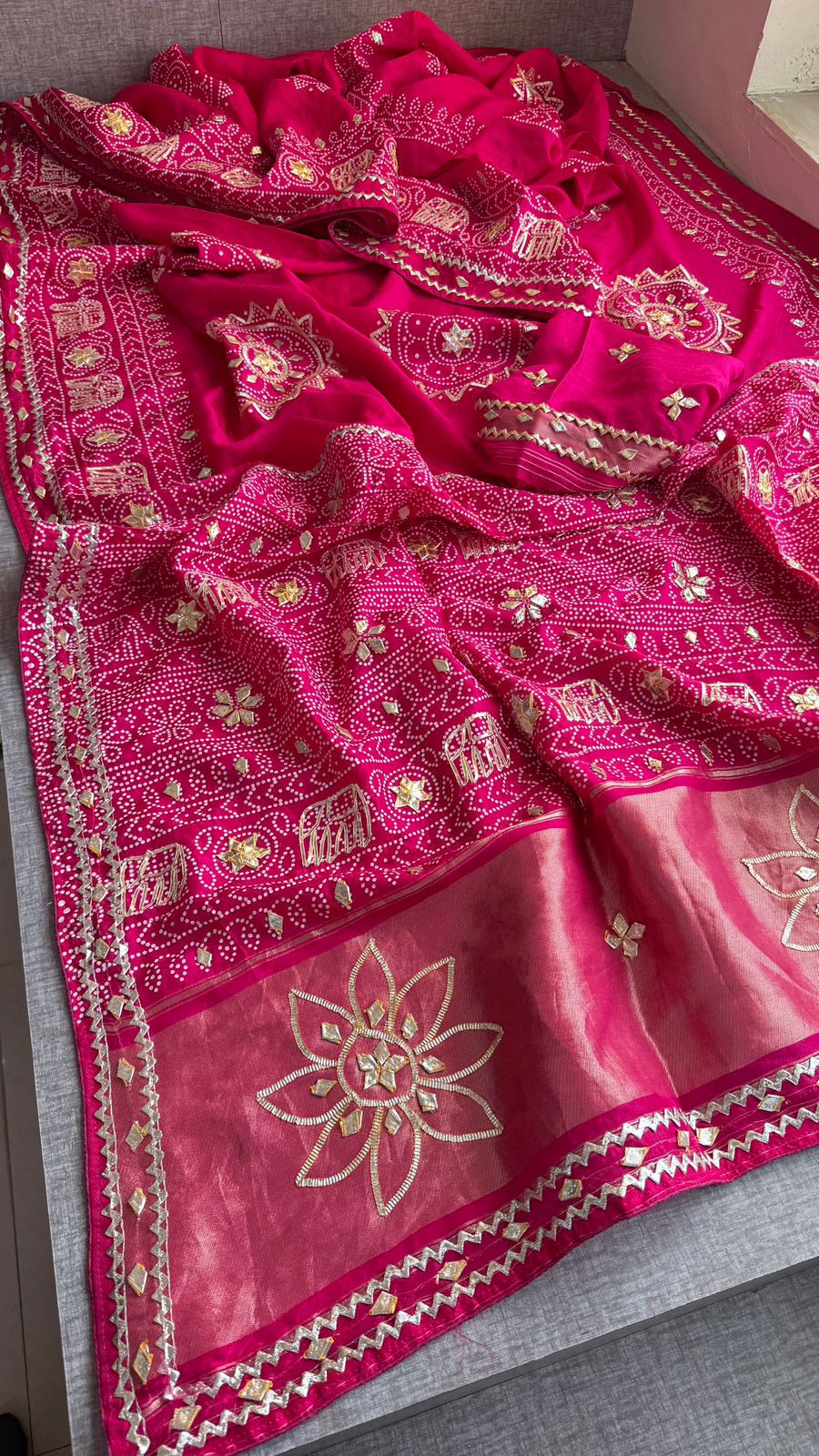 Gotta Patti Elephant Motif On Bandhej Munga Silk · 44 Artisan Hours of work · The Zari Edit