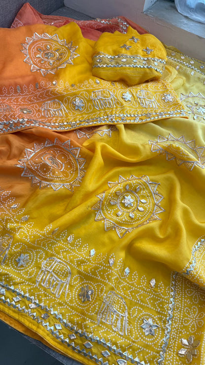 Gotta Patti Elephant Motif On Bandhej Munga Silk · 44 Artisan Hours of work · The Zari Edit