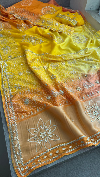 Gotta Patti Elephant Motif On Bandhej Munga Silk · 44 Artisan Hours of work · The Zari Edit