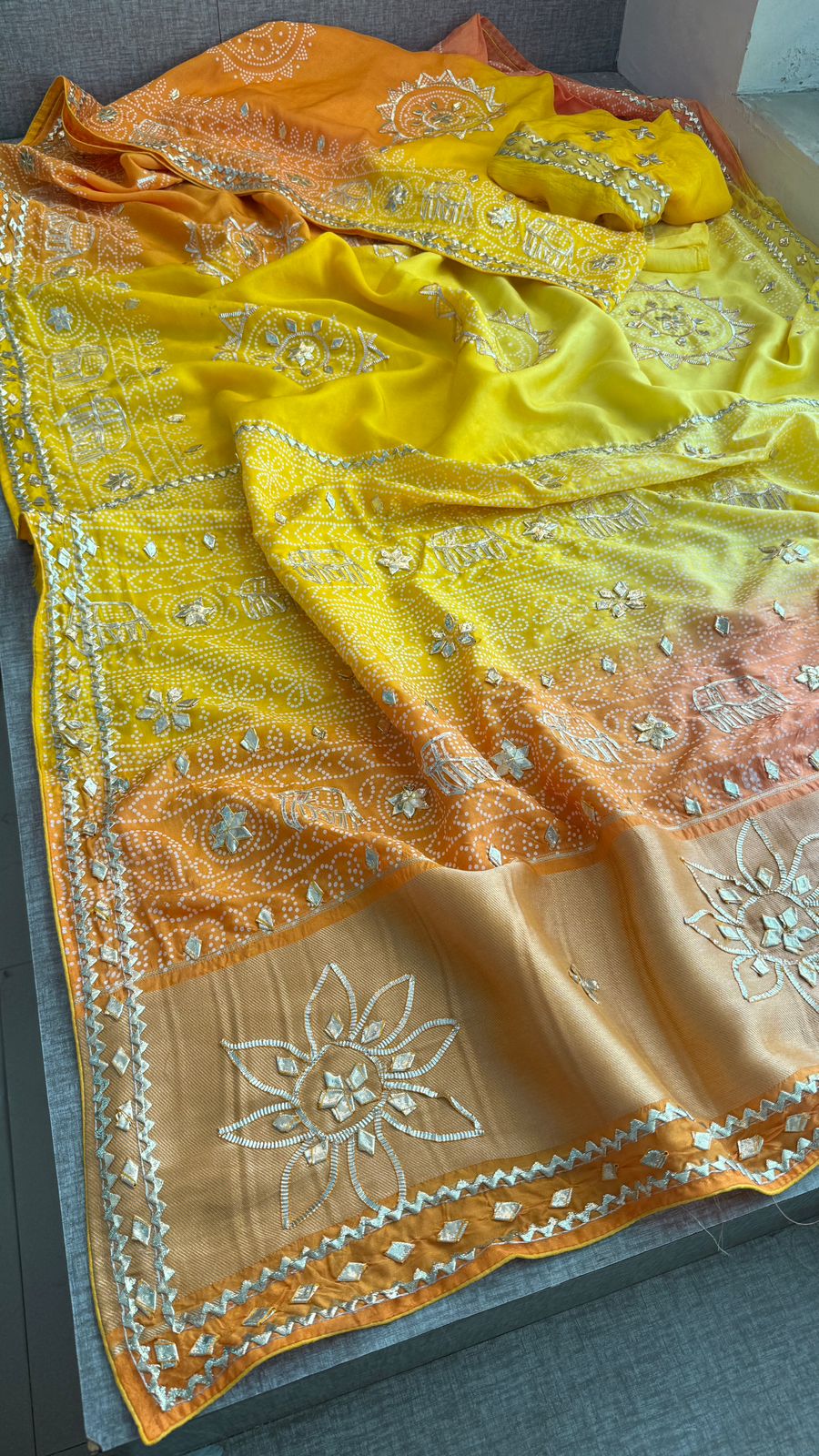 Gotta Patti Elephant Motif On Bandhej Munga Silk · 44 Artisan Hours of work · The Zari Edit