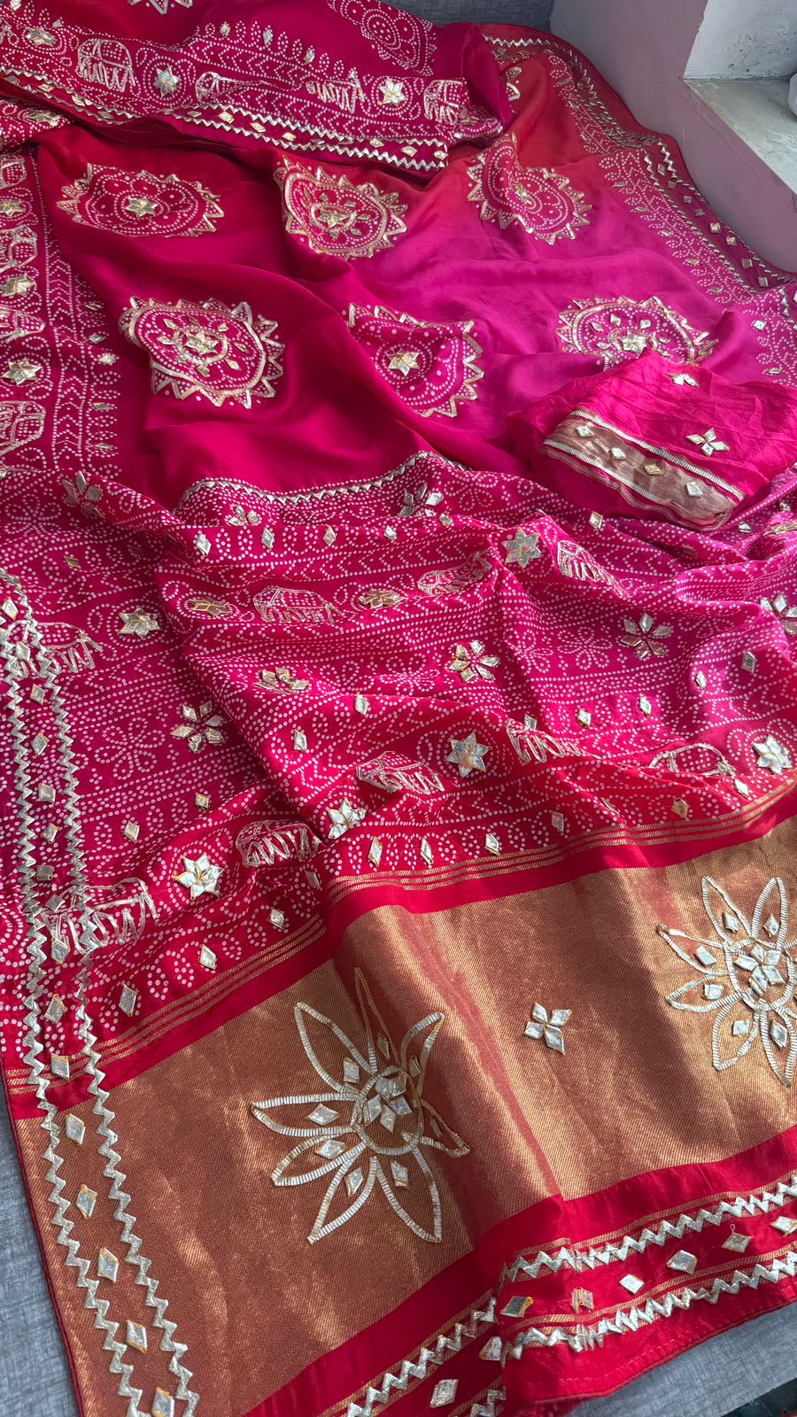 Gotta Patti Elephant Motif On Bandhej Munga Silk · 44 Artisan Hours of work · The Zari Edit
