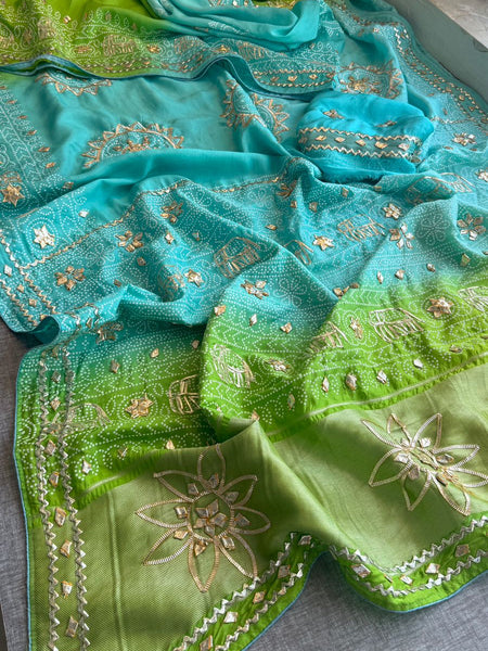 Traditional Bandhej Inspired Munga Silk Saree With Intricate Elephant Motif Gotapatti Work