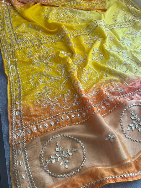 Vibrant Dual Tone Munga Silk Saree With Intricate Sikhiya Gotapatti Artistry